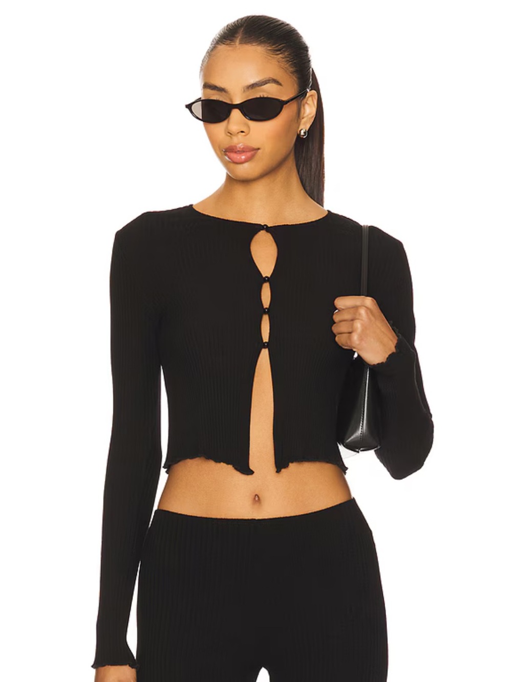 Women's Black Ribbed Button-Front Cardigan